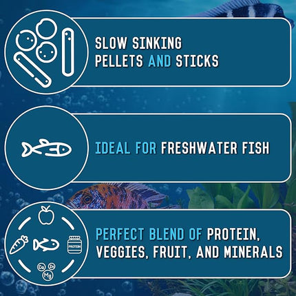 RON'S CICHLIDS Adult African Cichlid Fish Food Pellets – USA Made Slow Sinking Cichlid Pellets & Sticks Feed, Low Fillers, Ideal for Cichlid Food, Koi, Goldfish, Pleco, Oscar & Tropical Fish, 1 LB