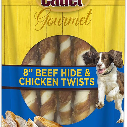 Cadet Gourmet 8-Inch Beef Hide Twist Chew Sticks, Long-Lasting and Natural Rawhide Chews for Dogs, Inspected & Tested in USA, Chicken Flavor, 6 Count