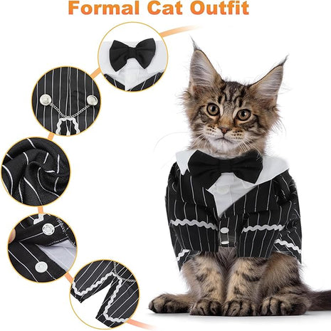 Cat Apparel, Stylish Tuxedo Outfit for Kitty with Tie, Black Stripes Pet Outfits for Wedding, Birthday, Party, XLarge