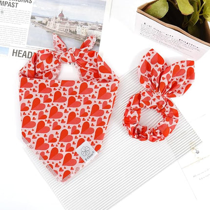 E-Clover Valentines Heart Dog Bandanas & Matching Scrunchie Set Cute Girl Dog Scarf Bibs Pet Bandana with Bow Tie for Small Dogs Puppy Owner Mom Red Pink