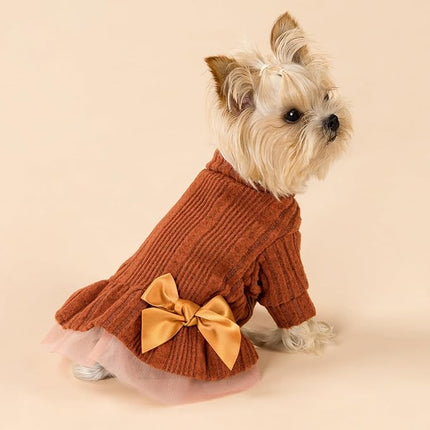 Fitwarm Knitted Dog Tulle Sweater Dress, Dog Winter Clothes for Small Dogs Girl, Cat Apparel, Orange, Medium