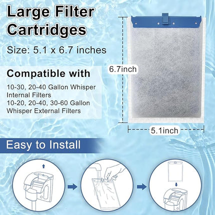 6 Pack Filter Cartridge Compatible with Whisper Bio-Bag Filters, Large Aquarium Filter Cartridges Compatible Replacement with Whisper Filters 20i,40i/IQ20,30,45,60/PF20,30,40,60 and ReptoFilter