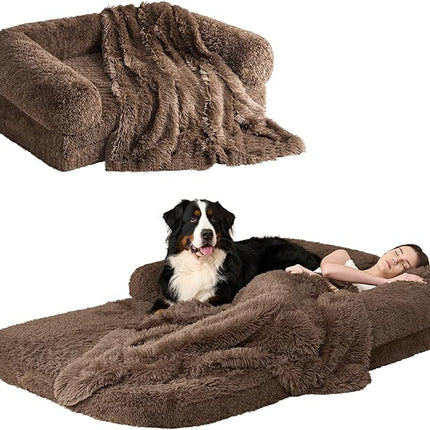 EHEYCIGA Foldable Human Dog Bed, 72"x44"x11" Orthopedic Memory Foam Human Sized Dog Bed, Waterproof Pet Bed for People, Faux Fur Pet Couch for Adult with Non-Slip Bottom, Brown