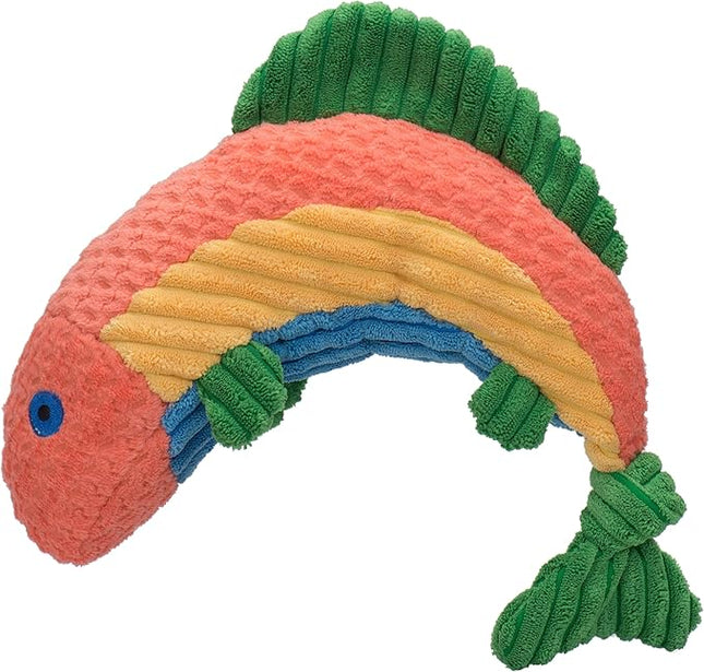 HuggleHounds Knottie Plush Dog Toy - Dog Stuffed Animal Toy, Puppy Toys, Squeaky Dog Toy for Small, Medium & Large Dogs, Durable Plush to Keep Them Busy - Rainbow Trout, Large