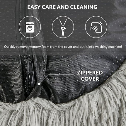 Friends Forever Serena Donut Memory Foam Orthopedic Dog Bed, Soft Faux Fur Oval Cat Couch For Indoor Pet, Fluffy Calming Plush Shag, Round Raised Bolster Cushion, Machine Washable Cuddler, Grey