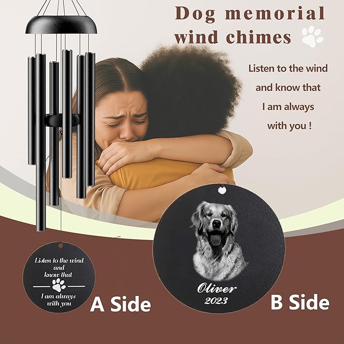 Personalized Dog Memorial 32" Wind Chimes for Outside - Sympathy Gift with Custom Photos for Loss Pet - Adjustable Mute Sound Memorial Gifts for Loss of Dog Laser Engraving,Not Easy to Fade