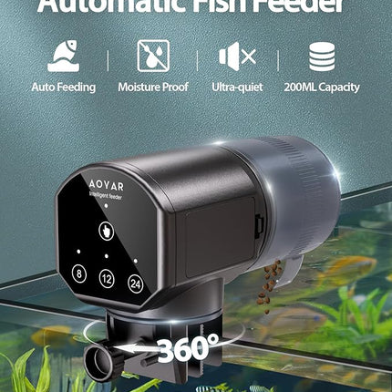 Automatic Fish Feeder Dispenser for Aquarium: 200ml Large Capacity Auto Feeders for Small Tank Turtle Betta Koi - Battery Food Feeding Timer for Flakes Pellet Vacation Weekend Day