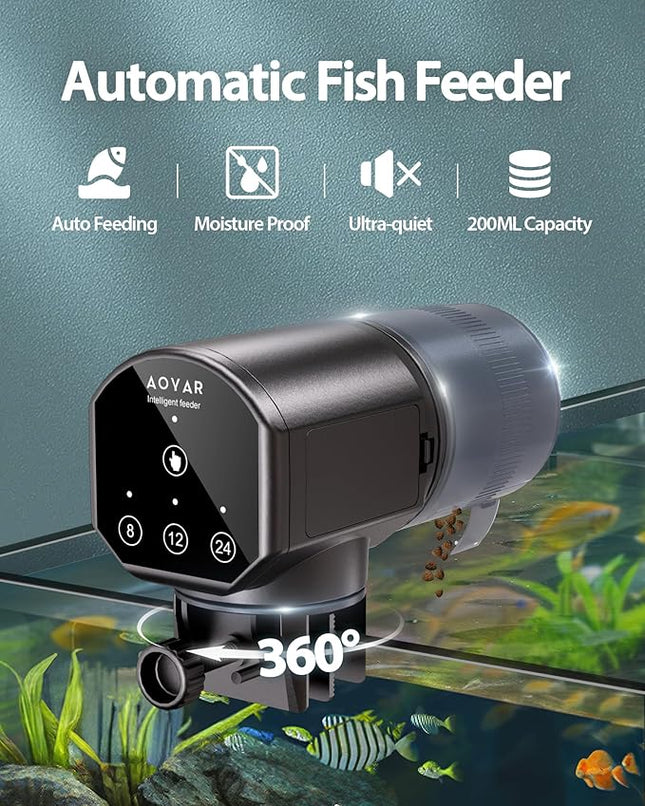 Automatic Fish Feeder Dispenser for Aquarium: 200ml Large Capacity Auto Feeders for Small Tank Turtle Betta Koi - Battery Food Feeding Timer for Flakes Pellet Vacation Weekend Day