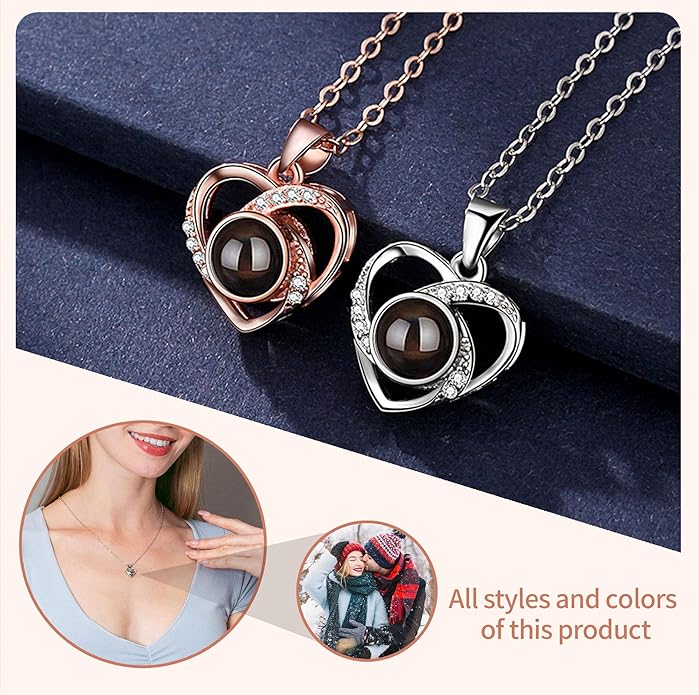 Easycosy Personalized Picture Necklace Projection Necklace with Photo Inside - Custom Photo Heart Pendant Necklace - Photo Gifts Valentines Birthday Love Memorial Gifts for Girlfriend Wife Women