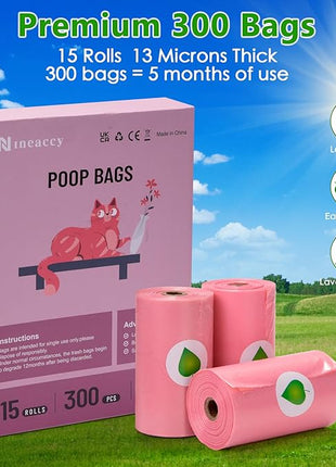 Biodegradable Pink Dog Poo Bags Lavender scent with Dispenser - 300 Large Poop Bags, Extra Thicken Strong Corn Starch Blended Compostable Leak Proof Poop Waste Bag for Dogs