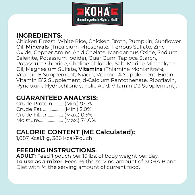 KOHA Limited Ingredient Bland Diet for Dogs, Chicken and White Rice Sensitive Stomach Wet Dog Food, Sold in Over 5,000 Vet Clinics & Pet Stores, Gentle Easy to Digest Bland Diet Dog Food, Pack of 6