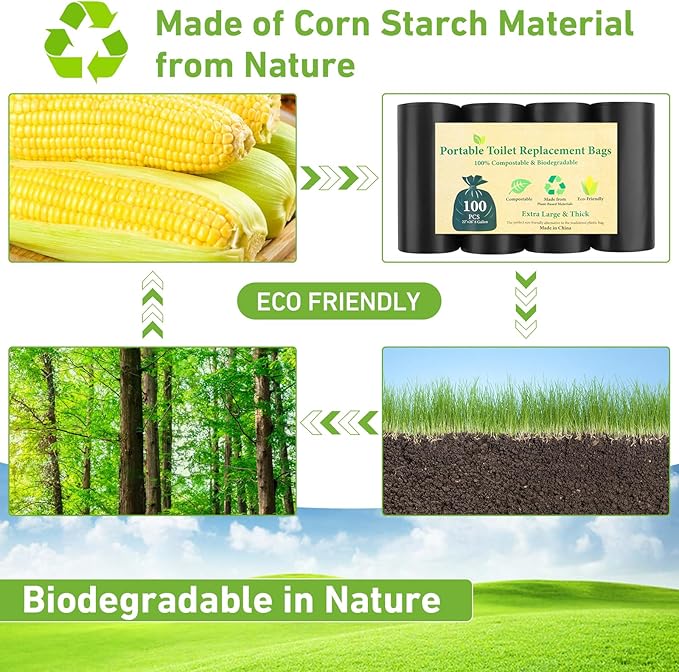 100 PCS Portable Toilet Bags for Camping, Drawstring Biodegradable Porta Potty Bag - 8 Gallon Thickened Waste Bag for 5 Gallon Bucket Toilets, Compostable Bags for Adults (100 Count)