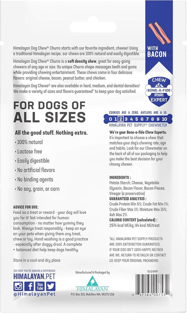 Himalayan Dog Chew Churro Yak Cheese Dog Chews, 100% Natural, Long Lasting, Gluten Free, Healthy & Safe Dog Treats, Lactose & Grain Free, Protein Rich, For All Breeds, Soft, Real Bacon Flavor, 4 Pack