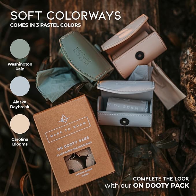 MADE TO ROAM On Dooty Set - Premium Dog Poop Bag Holder for Leash, Vegan Leather (Includes 1 Box Dog Waste Bags Rolls, 90 Bags Total) - California Horizon