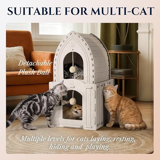 Apasiri 2-Story Cat House for Indoor Cats: Convertible 2-in-1 Felt Cat Condo, Scratch-Resistant Cat Beds, Hideaway Cave for Multi Small Pet Kitten to Relief Anxious, Transitional Modern Cat Furniture