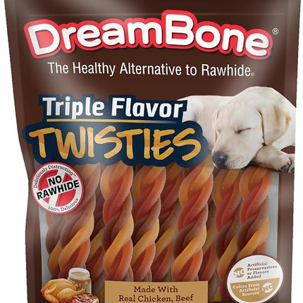 DreamBone Triple Flavor Twisties Chews for Dogs, 25 Count, Treat Your Dog to Rawhide-Free Chews Made with Real Chicken, Beef and Peanut Butter