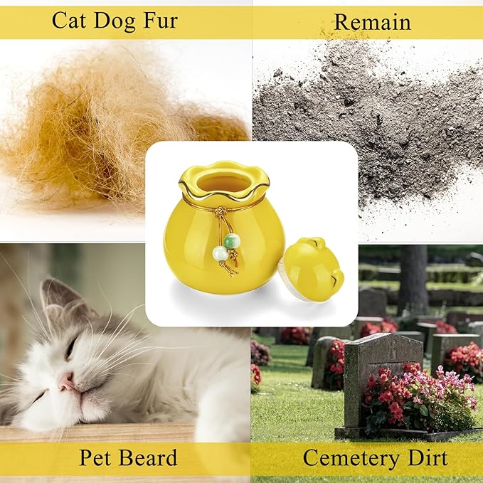 SOITIS Engraving Customized Pet Memorial Urn for Cat or Dog Ashes - 3.54"x3.15" Elegant Ceramic Keepsake Holder with Cat-Shaped Lid & Gold Trim, Small Yellow Urn for Pet Ashes