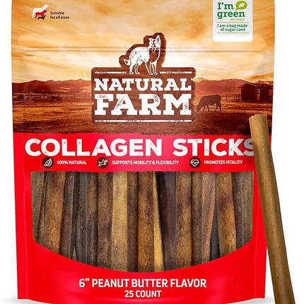 Natural Farm Peanut Butter Flavor Collagen Sticks for Dogs (6 Inch, 25 Count), Long-Lasting Beef Collagen Sticks, Rawhide Alternative Chews with Chondroitin & Glucosamine, Low-Fat Dental Treats