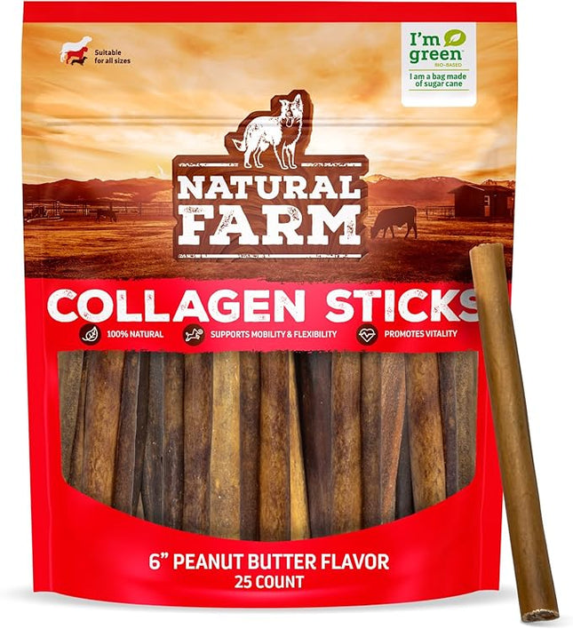 Natural Farm Peanut Butter Flavor Collagen Sticks for Dogs (6 Inch, 25 Count), Long-Lasting Beef Collagen Sticks, Rawhide Alternative Chews with Chondroitin & Glucosamine, Low-Fat Dental Treats