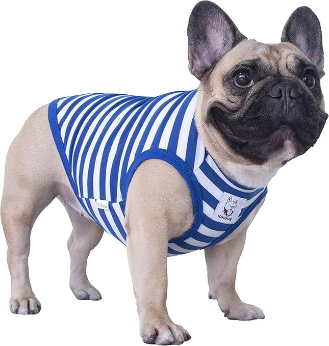 iChoue English Bulldog 100% Breathable Cotton Striped T Shirts Halloween Vest Clothes for Medium Dogs Tank Tops French Frenchie Pug Boston Terrier Pitbull White Blue Stripes - XXLarge