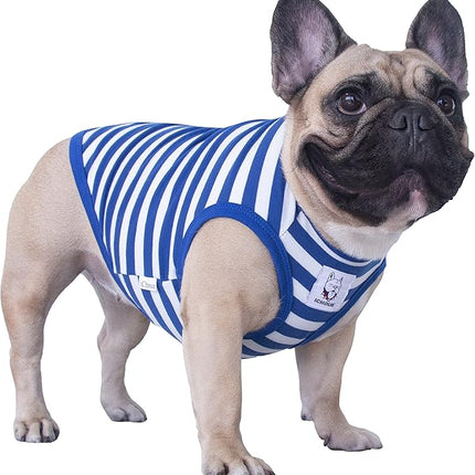 iChoue French Bulldog 100% Breathable Cotton Striped T Shirts Halloween Vest Clothes for Small Dogs Tank Tops Puppy Frenchie Pug English Boston Terrier Pitbull White Blue Stripes - Medium