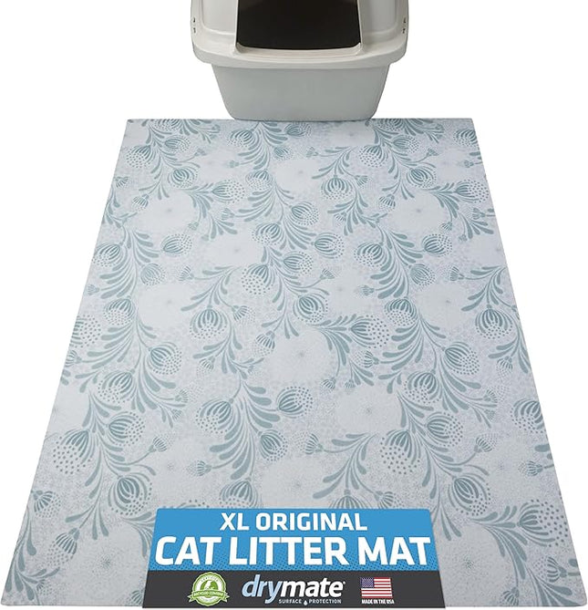 Drymate XL Original Cat Litter Mat, Contains Mess from Box, Protects Floors, Urine-Proof, Machine Washable, Soft on Kitty Paws, Absorbent, Waterproof (USA Made, Recycled Content)(29”x36”)(Blue Floral)