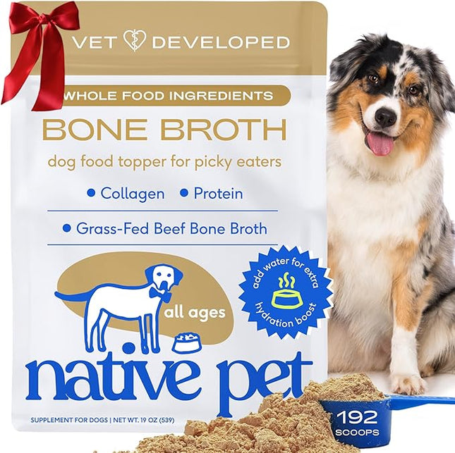 Native Pet Bone Broth for Dogs and Cats - Made with Real Beef Bone Broth, Dog Food Toppers for Picky Eaters- Provides Extra Hydration & Nutrition for Joint Strength, Immunity & Heart Health-192 Scoops