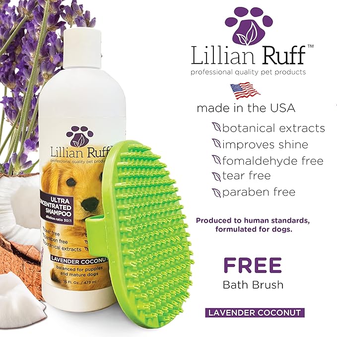Lillian Ruff PRO Formula Ultra Concentrated Dog Shampoo – Makes 4 Gallons/30 Bottles, 30:1 Dilution, Professional Pet Shampoo for Sensitive Skin | Deodorizing & pH-Balanced Made in USA 16.9oz + Brush