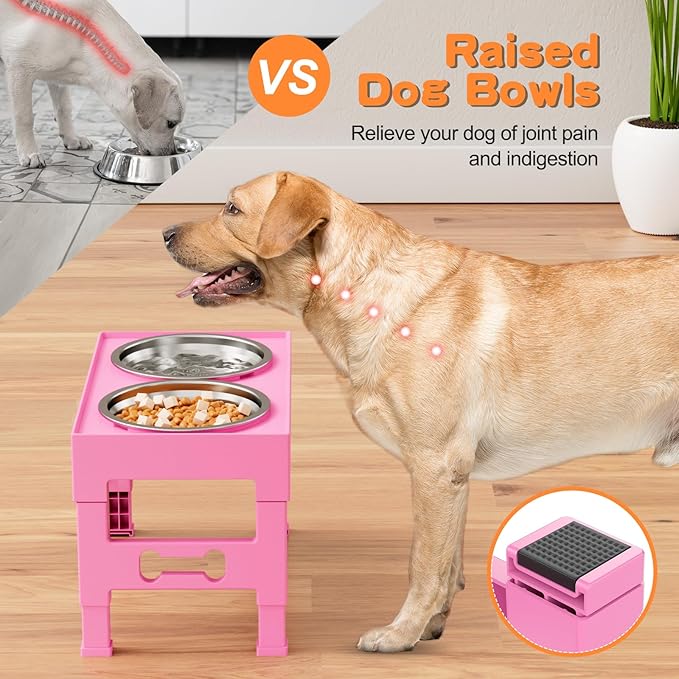 Elevated Dog Bowls with Mat, Raised Dog Food Bowl Stand with 2 Stainless Steel Bowls, 5 Height Adjustable (3.1", 9", 10", 11", 12") Non-Slip Feeder Set for Medium and Large Dogs – Pink