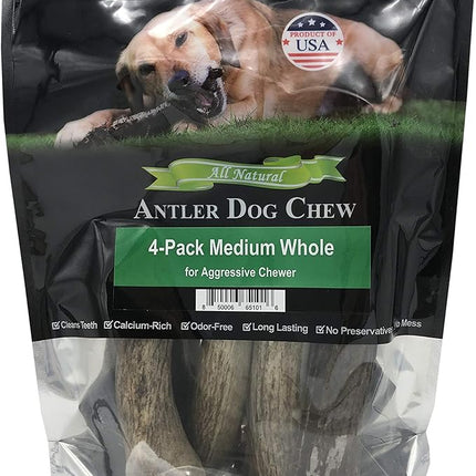 Elk Antler Dog Chews | Long-Lasting A-Grade Premium Elk Antler Chews for Dogs from Naturally Shed Elk Antlers Collected in The USA, Whole, Medium (Pack of 4)