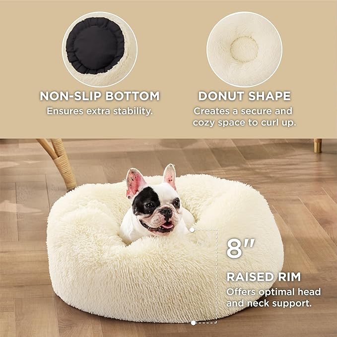 Bedsure Calming Dog Bed for Small Medium Dogs - Donut Washable Medium Pet Bed, 27 inches Anti-Slip Round Fluffy Plush Faux Fur Cat Bed, Ivory Beige