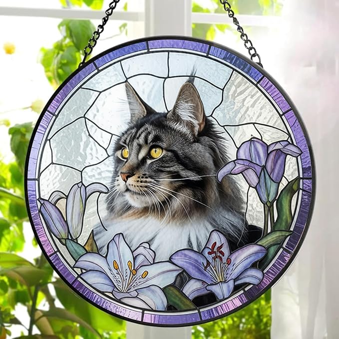 Gabita Custom Cat Portrait Stained Glass Window Hanging Light Catcher, Pet Memorial Stained Glass Photo, Cat Memorial Gift Pet Loss Sympathy Gift