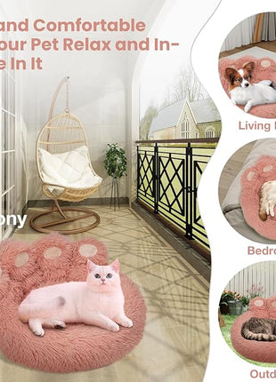 Calming Dog Bed Cat Bed Medium Size Dog - Donut Washable Medium Pet Bed, Warm Kitten Nest 24 inches Anti-Slip Round Fluffy Plush Faux Fur Cat Bed, Fits up to 25 lbs Pets, (Luxury Pink)