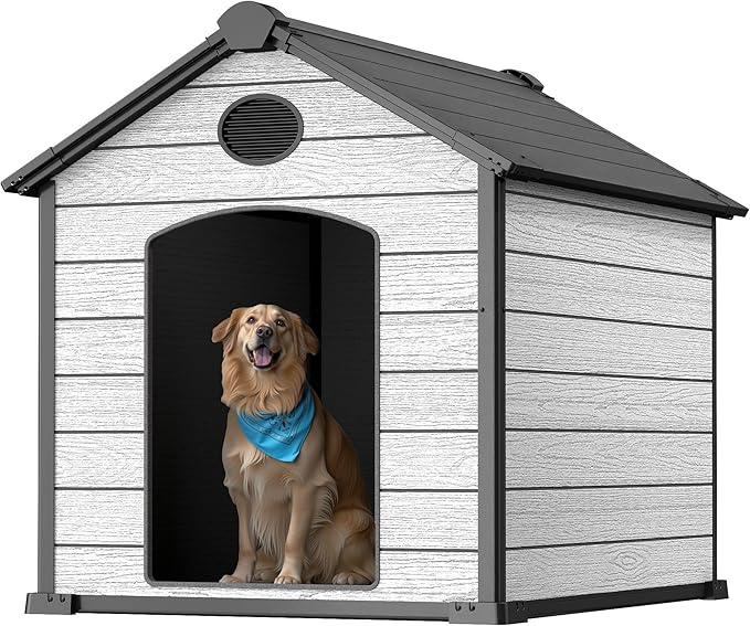 57" Extra Large Dog House Outdoor Weatherproof, 5XL Big Dog House for 3 Large Dogs Outside, Insulated Igloo Pet House with Elevated Floor, Extra Durable Resin Plastic, 57Lx47Wx50H, Cemented Grey