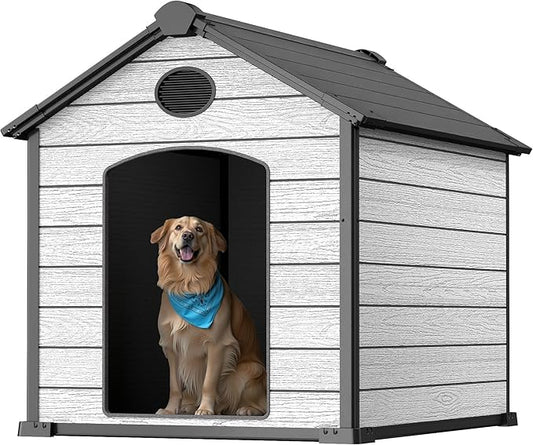 57" Extra Large Dog House Outdoor Weatherproof, 5XL Big Dog House for 3 Large Dogs Outside, Insulated Igloo Pet House with Elevated Floor, Extra Durable Resin Plastic, 57Lx47Wx50H, Cemented Grey