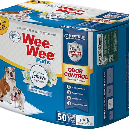 Four Paws Wee-Wee Odor Control with Febreze Freshness Pee Pads for Dogs & Puppies, Leak-Proof Dog Housebreaking Potty Training Floor Protection, Spring Fresh Scent, 22" x 23", 50 Count