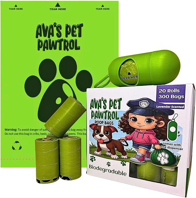 Ava’s Pet Pawtrol Dog Poop Bags Rolls w/Dispenser - 300 Biodegradable, Extra Thick, Leakproof, Heavy Duty Poop Bags for Dogs, Lavender Scented, Odor Control, Easy-Tear, Eco-Friendly, Puppy Essentials