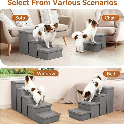 Wider Dog Stairs with Storage 18" H, 3-Step Sturdy Dog Steps for Large/Medium/Small Older Senior Dogs Cats, Folding Pet Stairs Climbing Bed or Couch, Arthritis-Friendly (Gray, No Condo)