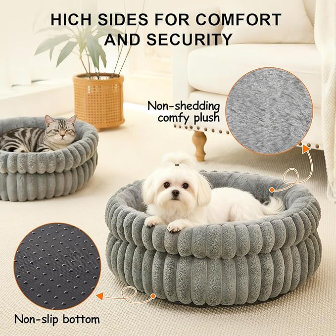 Cat Bed Kitten Bed, Washable Round Cat Beds for Indoor Cats, Super Soft Plush Faux Fur Pet Bed for Puppy and Kitten with Anti-Slip Bottom Small