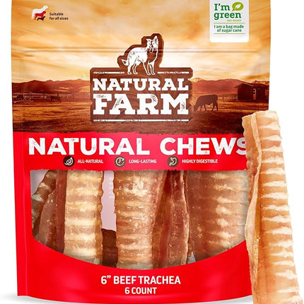 Natural Farm Beef Trachea for Dogs (6 Inch, 6 Pack)- 100% Beef,Odor Free Trachea Dog Chews- Glucosamine & Chondroitin for Joint & Hip Mobility, Bone Strength- Low-Fat Crunchy & Crispy- for All Dogs