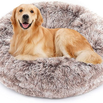 NOYAL Calming Donut Dog Bed for Small to Medium Dogs & Cats - Plush Faux Fur Anti-Anxiety Pet Bed with Machine Washable Cover & Non-Slip Base