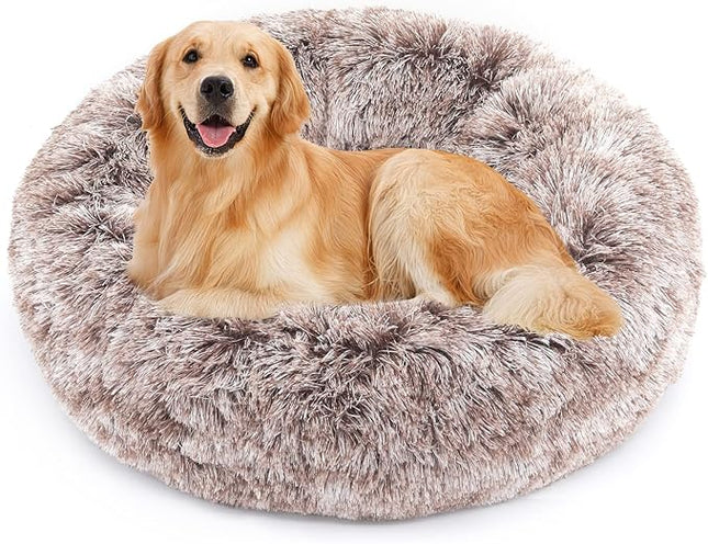 NOYAL Calming Donut Dog Bed for Small to Medium Dogs & Cats - Plush Faux Fur Anti-Anxiety Pet Bed with Machine Washable Cover & Non-Slip Base
