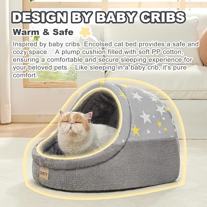 Jiupety Cute Cat Beds for Indoor Cats, Cat Cave Bed for Kittens, Burrowing Cat Bed & Puppy Bed with Anti-Slip Bottom, Washable Removable Cushion, L(19"x17"x16"), Gray Star