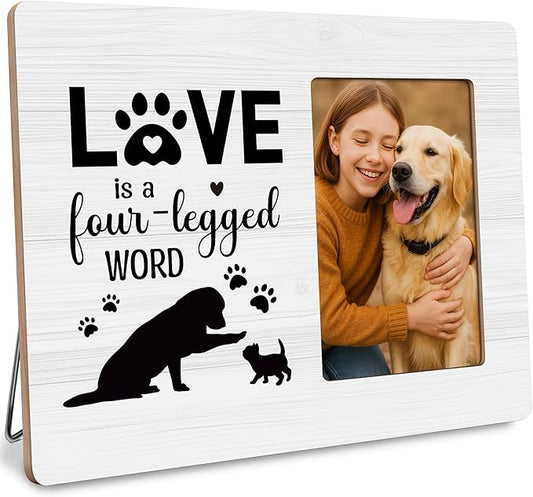 Pet Lover Gifts Picture Frame, Paw Print Photo Frame for Cat Dog, Pet Memorial Gift, Love is a Four-legged Word Frames Fits 4x6 Photo