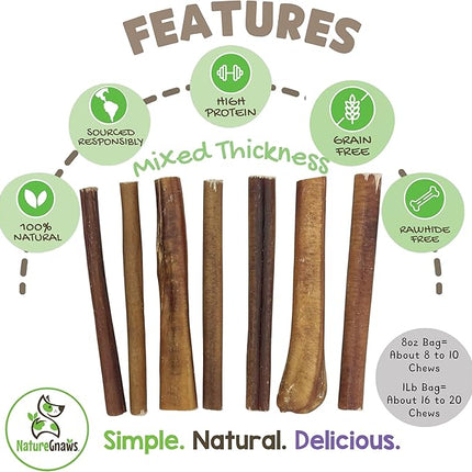 Nature Gnaws Bully Sticks for Dogs 5-6" (1Lb) - Mixed Thickness - Long Lasting for Aggressive Chewers and Large Dogs - Natural Beef Dog Chew Bones