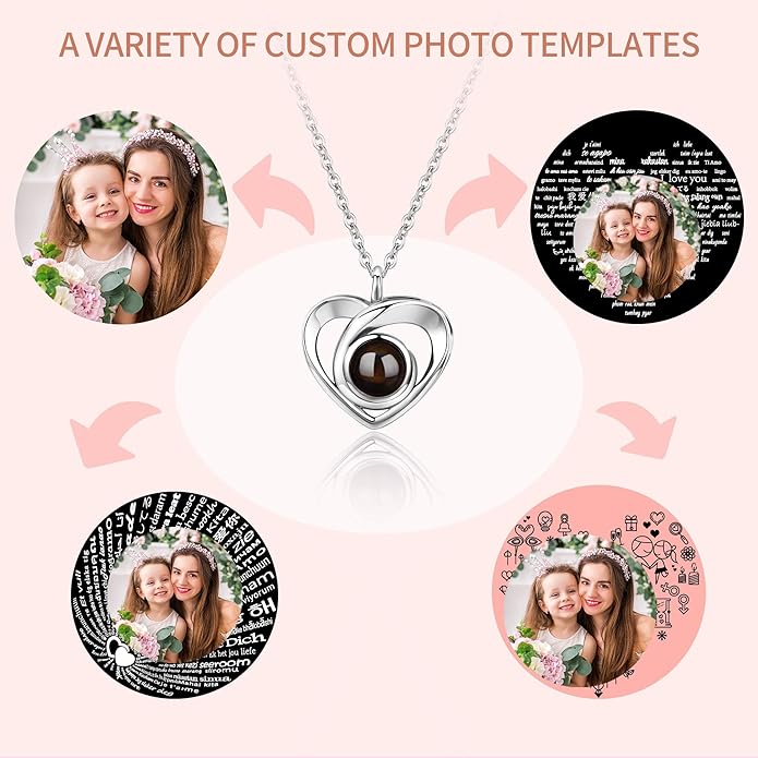 Easycosy Personalized Picture Necklace Projection Necklace with Photo Inside - Custom Photo Heart Pendant Necklace - Photo Gifts Valentines Birthday Love Memorial Gifts for Girlfriend Wife Women
