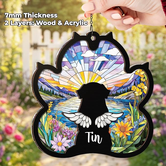 Personalized Angel Dog Memorial Suncatcher, Paw Suncatcher Remembrance Gift, Engraved Pet Memorial Ornament, Pet Sympathy Keychain, Loss of Animal Sympathy Card, Rainbow Bridge Dog Loss Gift