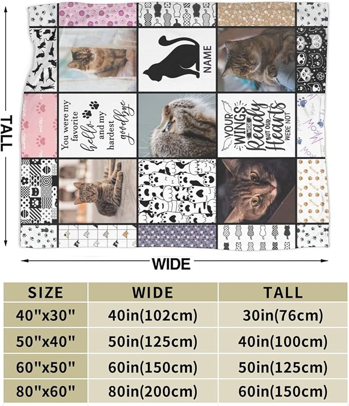 Funnylife Personalized Pet Memorial Gifts for Cats, Flannel Custom Cat Photo Memory Blankets Sympathy for Loss of Cat Bereavement Gifts 50"x60"