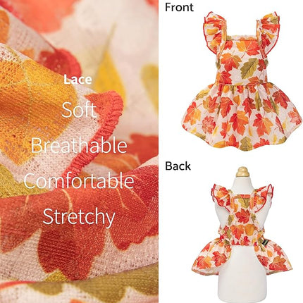 Fitwarm Maple Dog Dress, Ruffled Doggy Thanksgiving Dress, Fall Dog Clothes for Small Dogs Girl, Pet Outfit, Red, Orange, Small