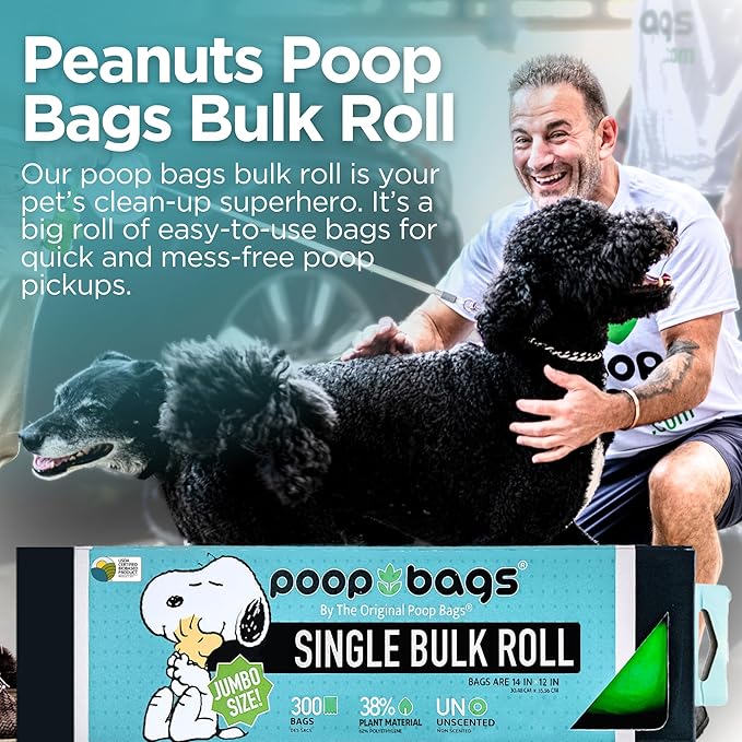 The Original Poop Bags® Peanuts XL Bulk Rolls, 600 Jumbo Dog Waste Bags, 38% Plant-Based, Unscented, Leak-Proof & Extra Thick, 2 Rolls